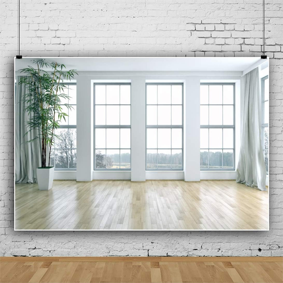 DASHAN 8X6Ft Polyester Boudoir Living Room Backdrop Window Wood Floor Zoom Meeting Modern Home Interior Office Photography Background Bridal Shower Wedding Birthday Youtube Video Photo Props