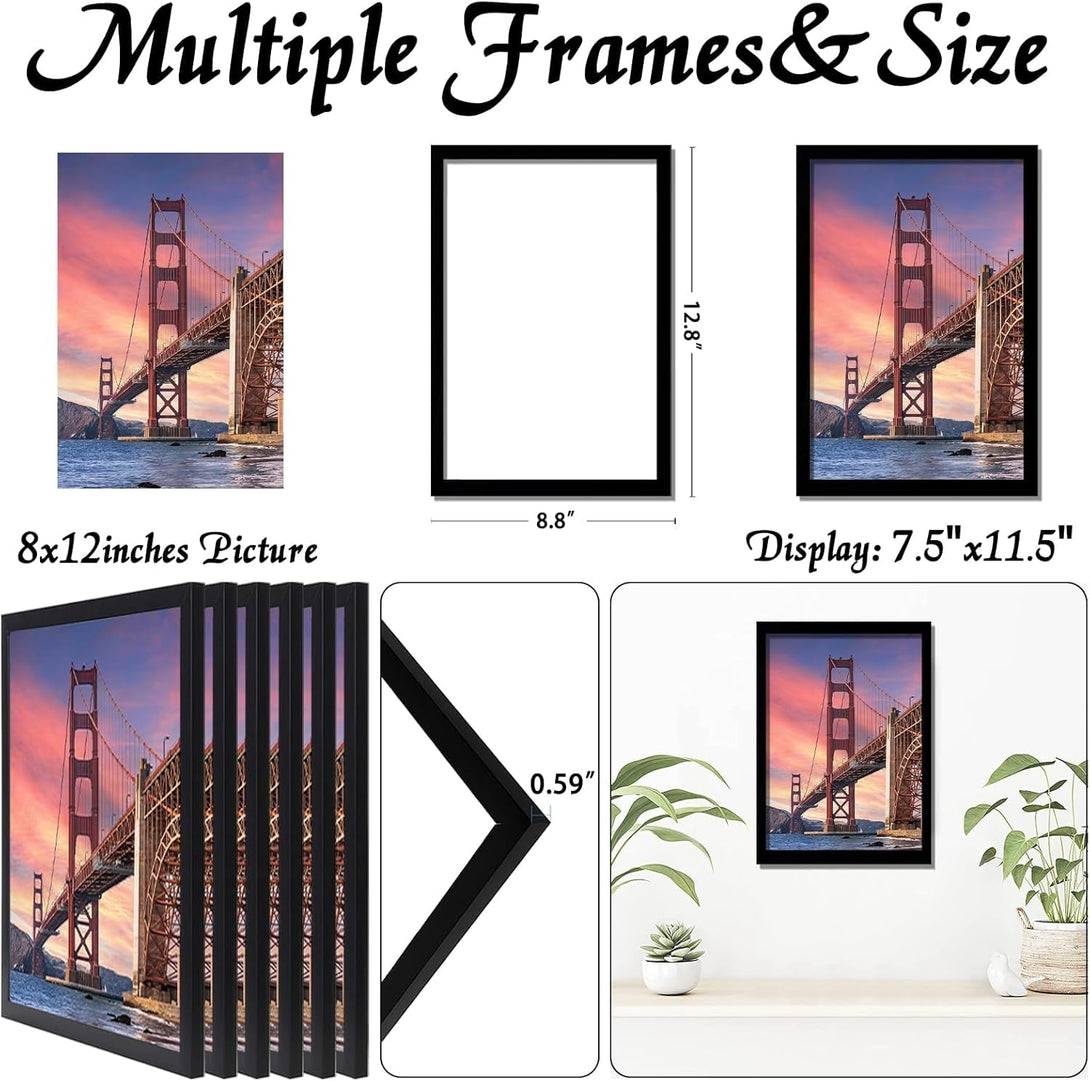 6 Sets 8X12 Picture Frame, Frames for 8 X 12 Canvas Collage Photo Poster Certificate Wall Gallery, High Transparent Horizontal Vertical Black 8 by 12 Inches