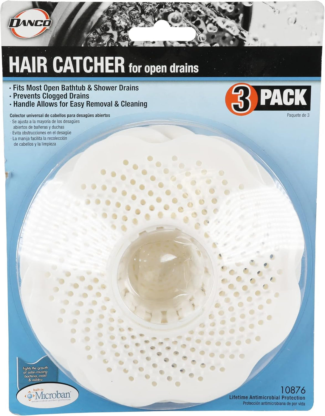 DANCO Tub Drain Protector Hair Catcher | Strainer | Bathtub Drain Snake, Snare and Auger | Hair Drain Clog Prevention | 3-Pack (10876), White