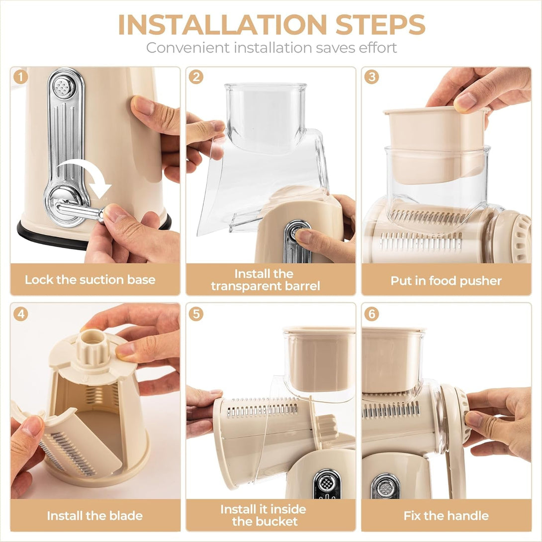 SUSTEAS Rotary Cheese Grater with Handle - Vegetable Shredder with 5 Well-Designed Blades & Strong Suction Base,Round Mandoline Slicer & Food Chopper for Kitchen,With Blade Storage Box(Beige)