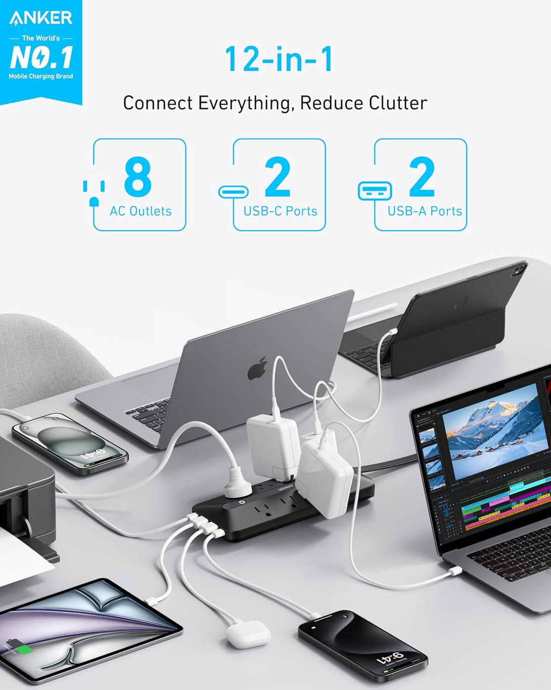 Anker Flat Plug Power Strip, 12-In-1 USB-C Power Strip with 8 AC Outlets, 2 USB-C, 2 USB-A Ports, 5Feet Extension Cord, Slim Desk Charging Station, 900J Surge Protection, 35W Max for Home, Office