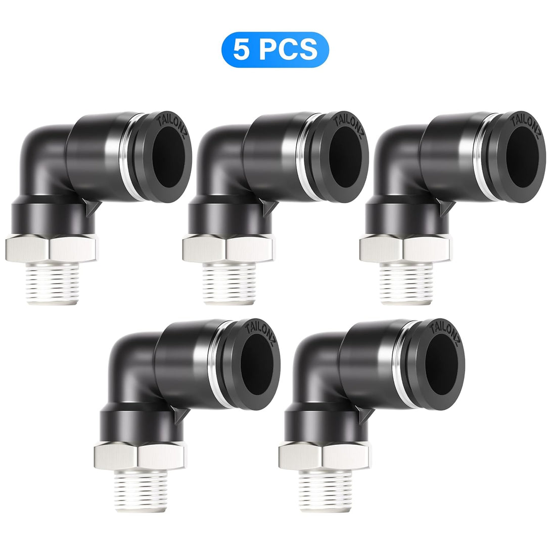 TAILONZ PNEUMATIC Male Elbow 1/2 Inch Tube OD X 1/4 Inch NPT Thread 90 Push to Connect Fittings PL-1/2-N2 (Pack of 5)