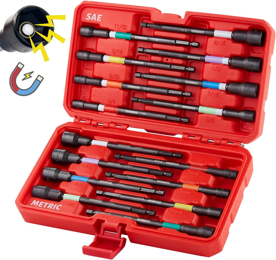 Magnetic Nut Driver Set, 16 PCS Long Nut Driver Set, 6 Inches, SAE & Metric,Colorful Rainbow,1/4 Inch Hex Shank, Cr-V Steel