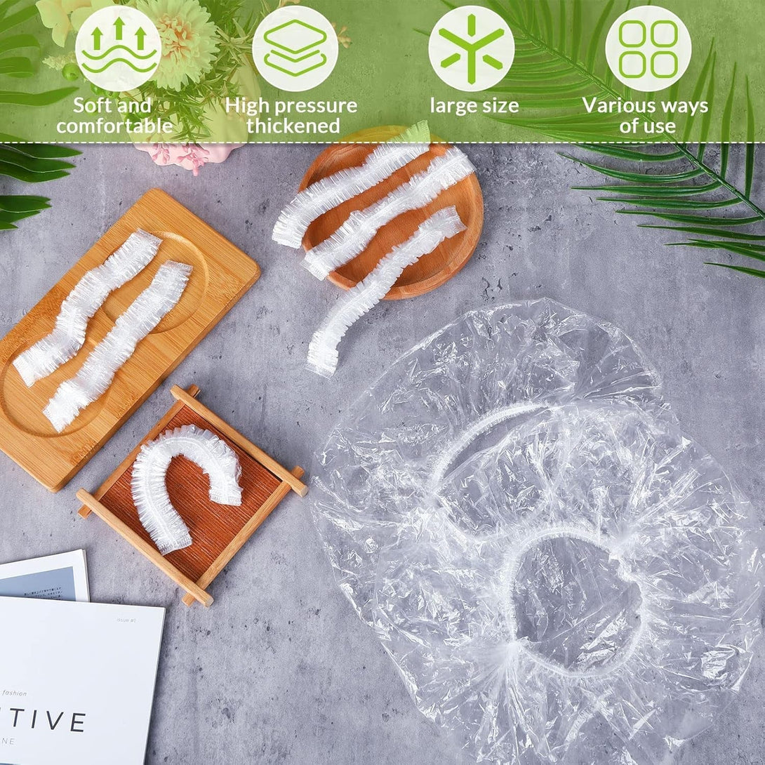 Retisee 140 Pcs Disposable Shower Caps Bulk 18.2 Plastic Clear Hair Caps Elastic Large Thick Waterproof Bath Covers for Women Hair Care Cleaning Supplies Spa Hotel Salon Home Travel Accessories