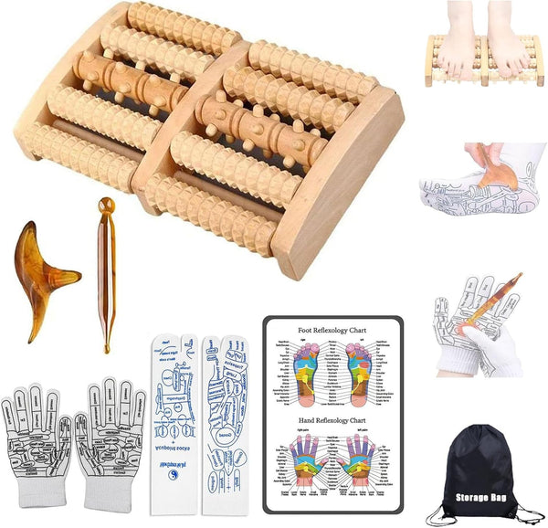 Reflexology Socks with Gloves Tools Set - Acupressure Foot Massager & Wooden Roller to Enhance Circulation, Relieve Pain in Wide Feet,Promote Health, Gift for Mom, Dad, or Elderly