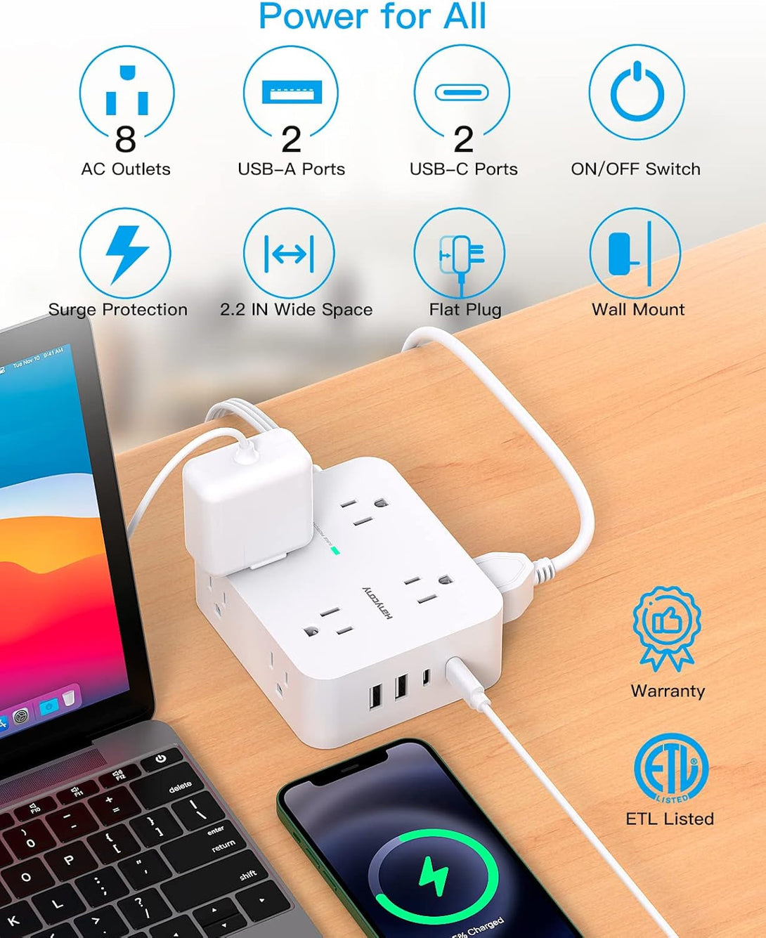 Surge Protector Power Strip, HANYCONY Extension Cord with Multiple Outlets, 5 Ft Ultra Thin Flat Plug 8 Outlets 4 USB Ports(2Usb C), 1080J Outlet Extender for Home Office College Dorm Room Essentials
