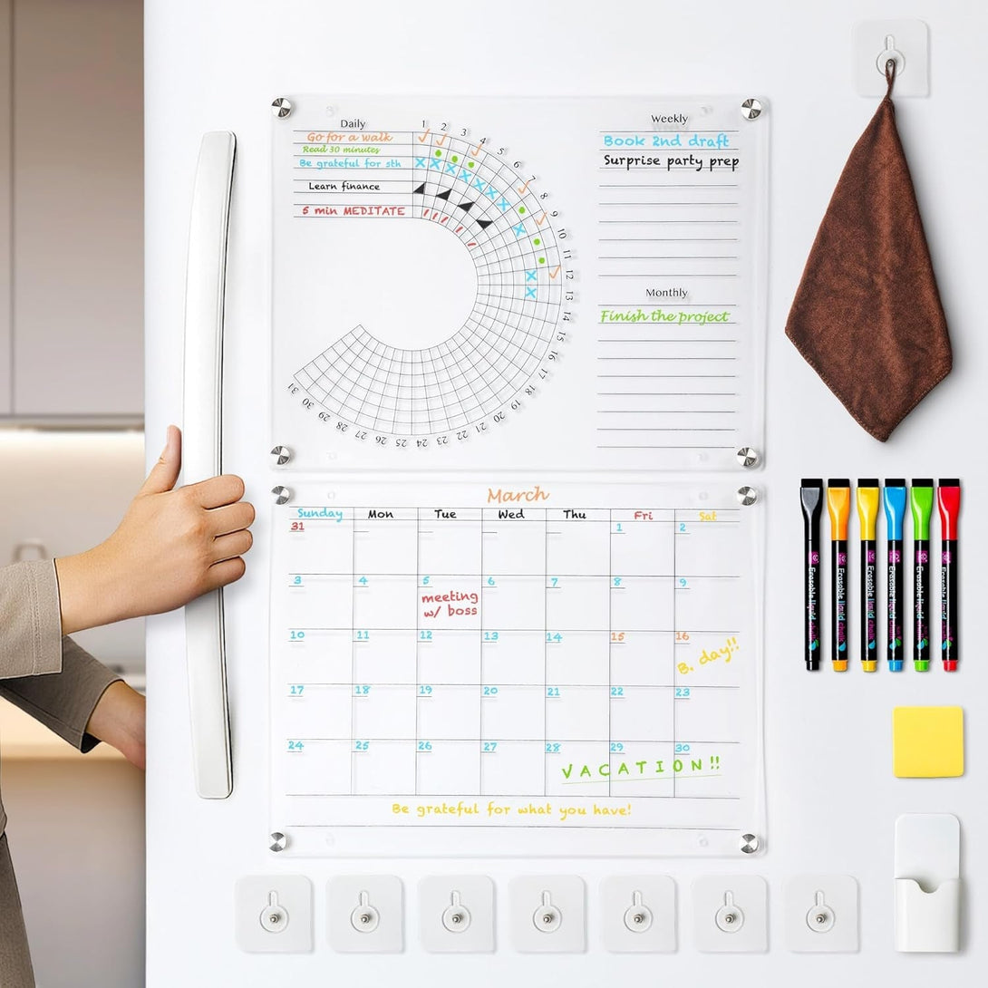 Acrylic Calendar and Habit Tracker Set - Clear Magnetic Calendar for Fridge - Clear Magnetic Planner for Refrigerator - Acrylic Dry Erase Board for Wall with Pens, Holder, Eraser - the Goal Tracker
