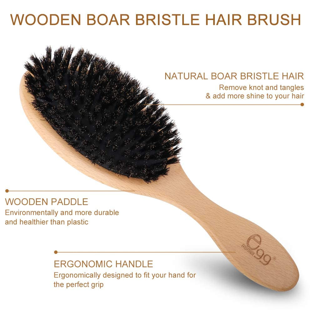 BLACK EGG Boar Bristle Hair Brush for Women Men Kid, Soft Natural Bristles Brush for Thin and Fine Hair, Restore Shine and Texture, Set Includes Bamboo Comb and 3 Hair Ties