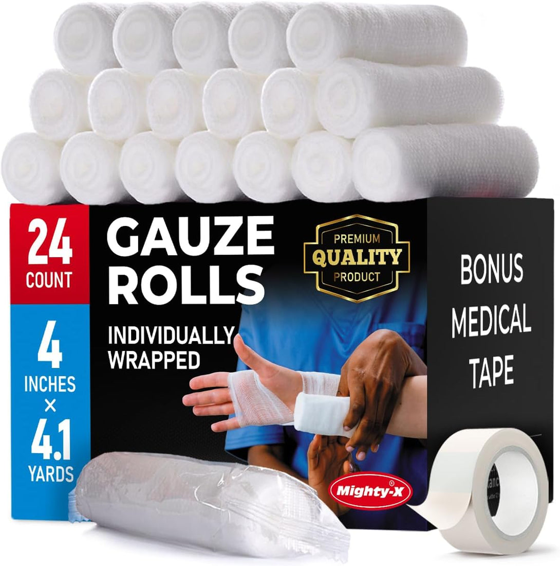 Premium Gauze Rolls - (24 Pack) - 4" X 4.1Yd Breathable Rolled Gauze - Individually Wrapped + Bonus Tape - First Aid Conforming Gauze Wrap Roll for Wounds