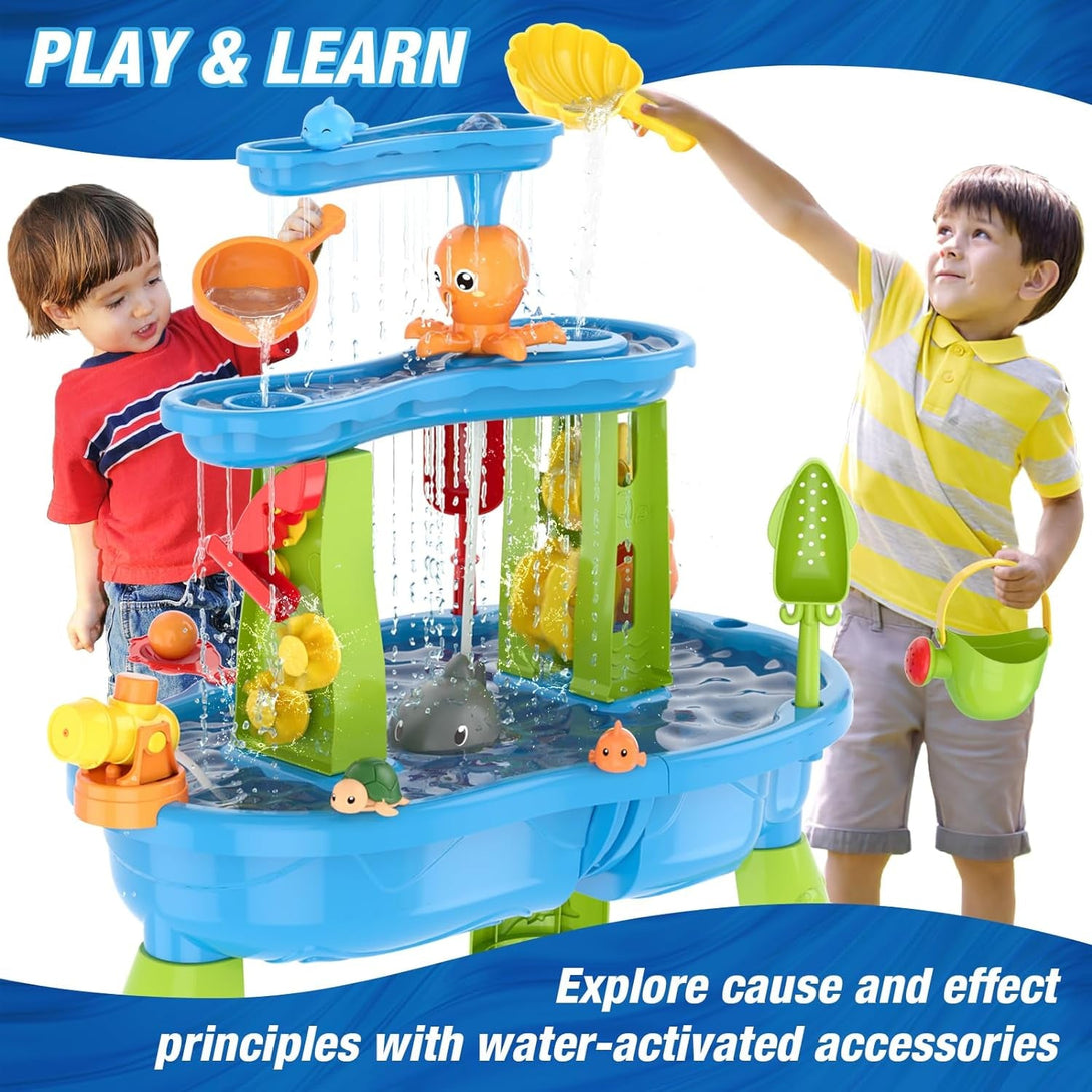 Auto Water Table for Toddlers 3-5 with Water Pumb, 3-Tier Kids Sand Water Table, Rain Showers Splash Pond for Outdoor Beach Backyard Summer, Activity Sensory Play Table for Boys Girls