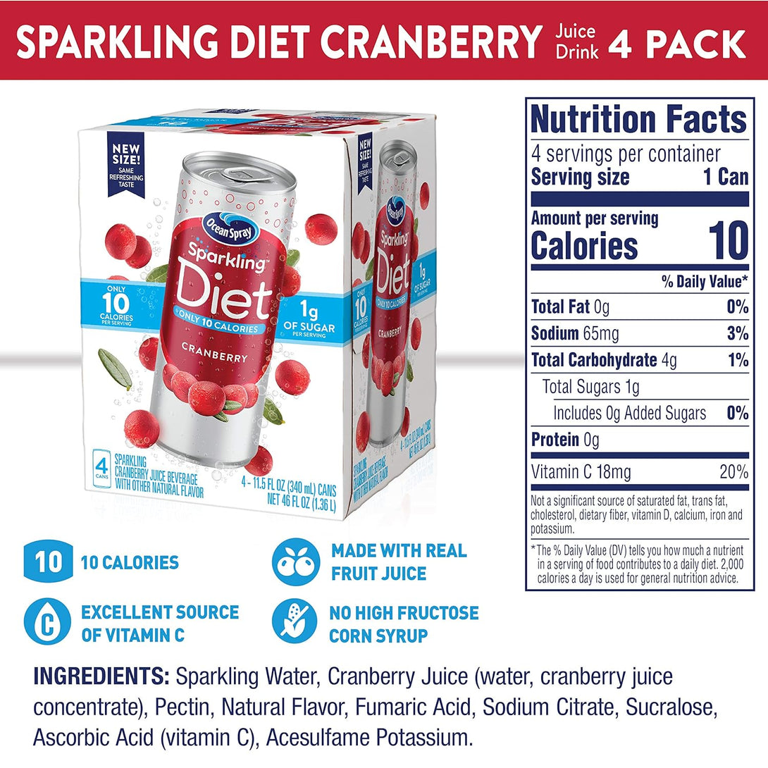 Ocean Spray® Sparkling Diet Cranberry Juice Drink, 11.5 Fl Oz Cans, 4 Count (Pack of 24)