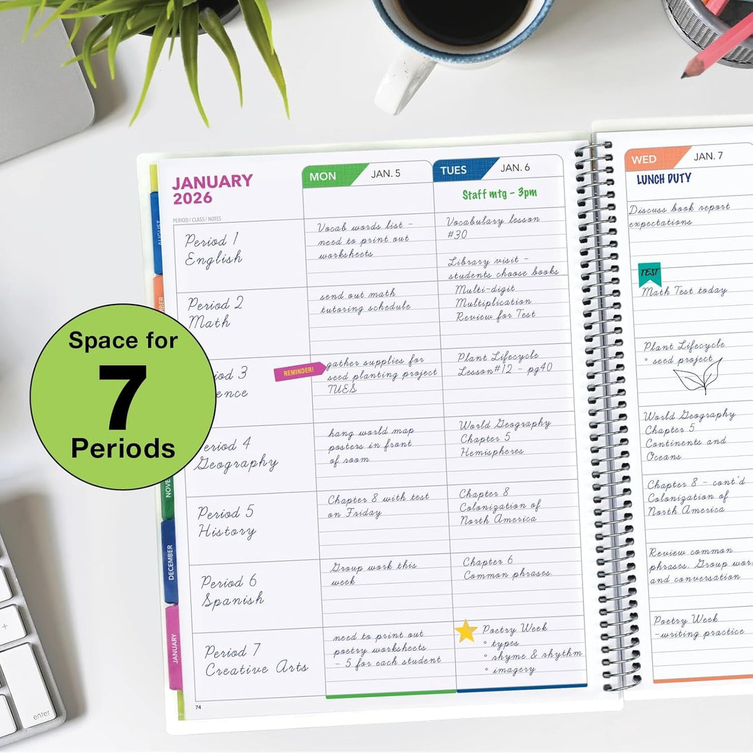 Aug 2025-Jul 2026 Lite Teacher Lesson Planner Notebook 8.5X11 Daily Weekly Monthly Organizers - Includes 7 Periods, Dated Calendar, Page Tabs, Bookmark, and Planning Stickers (Tree Seasons)