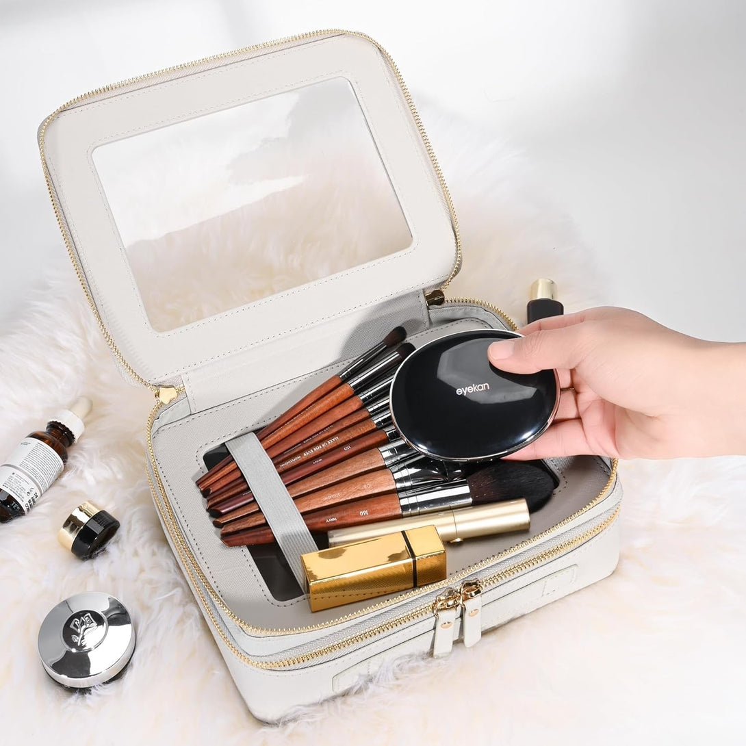 Aveniee Clear Makeup Bags, Double Layer Cosmetic Bags with a Separate Brush Compartment, Large Travel Toiletry Bag Skincare Train Case for Women, Travel Accessories Organizer(2 Layers Large, Grey)