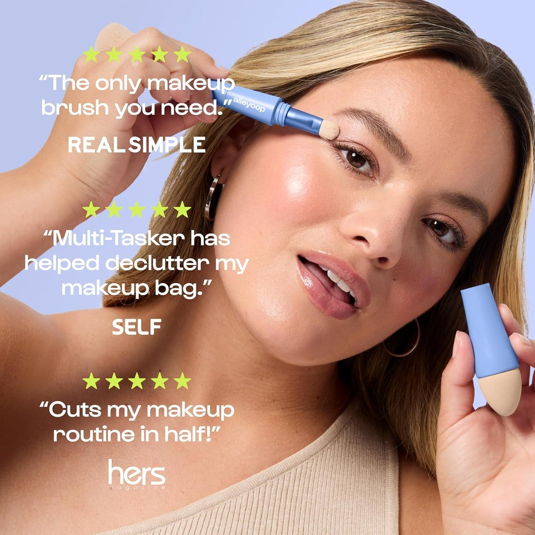 Alleyoop Multi-Tasker 4-In-1 Travel Makeup Brush Set – Compact Makeup Brushes with Blending Sponge, Eyeshadow, Eyebrow & Liner, Blush & Bronzer Brush – Mini Makeup Tools Kit for Women, Vegan