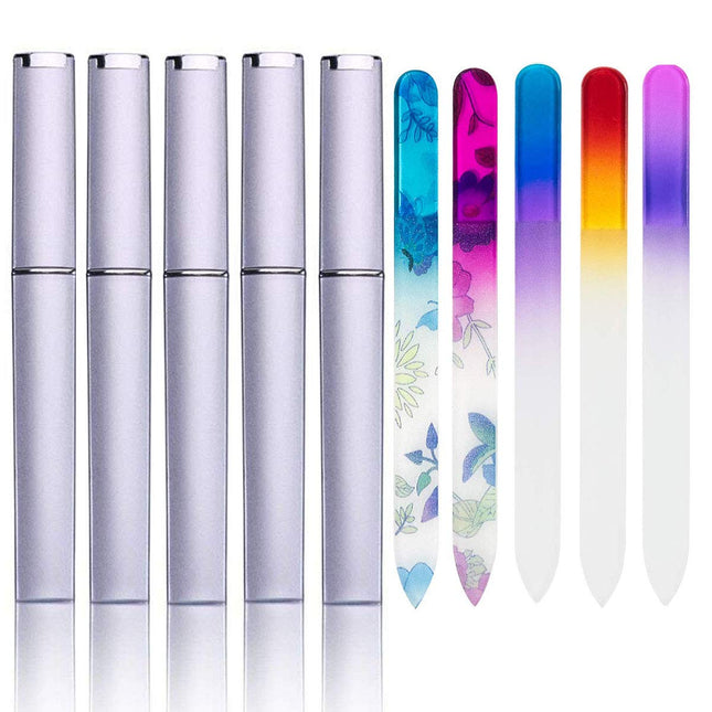 5 Pack Glass Nail Files with Case Crystal Glass Fingernail Files Double Sided Glass Nail File Mixed Color Manicure Set f