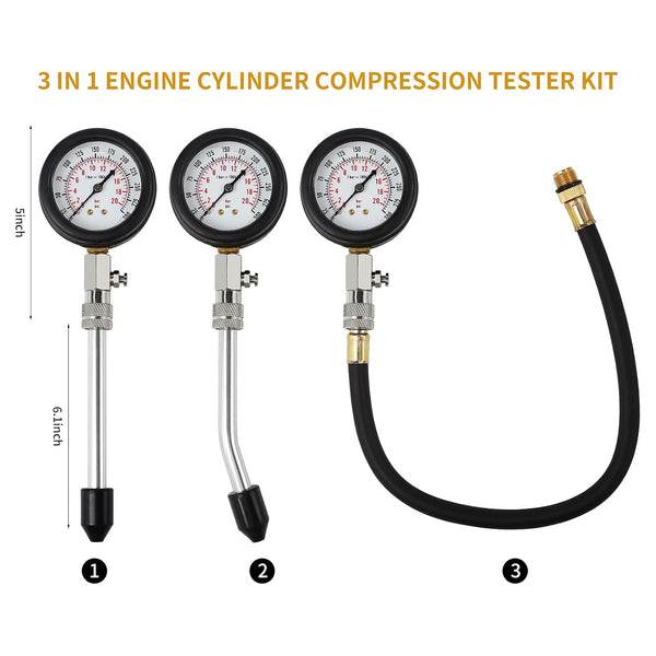 8PCS Compression Tester Kit Professional Petrol Gas Engine Cylinder Pressure Gauge 0-300 PSI Automotive Tool for Motorcycle Car Truck (Blue)