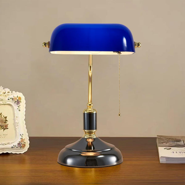 Traditional Bankers Lamp, Handmade Emerald Blue Glass Shade,with Pull Chain Switch Plug in Fixture,Vintage Office Table Light, Antique Style Desk