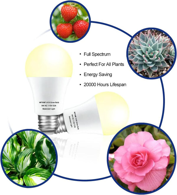 2 Pack LED Grow Light Bulbs A19 Bulb, Full Spectrum Plant Light Bulb, 9W E26 Grow Bulb Replace up to 80W, Grow Light for Indoor Plants, Flowers,