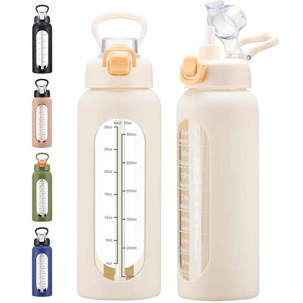 chunmo 32 oz Glass Water Bolttles with Straw Large Motivational Water Bottle with Time Marker Sports Water Bottles with Silicone Sleeve and Handle