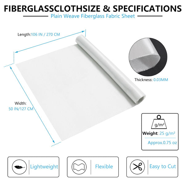 Fiberglass Cloth Plain Weave Fiberglass Mat Woven Fiberglass Sheet | 0.75oz 0.03mm for Boat RC Plane Auto Surfboard Tub Pool Repair 106" x 50"