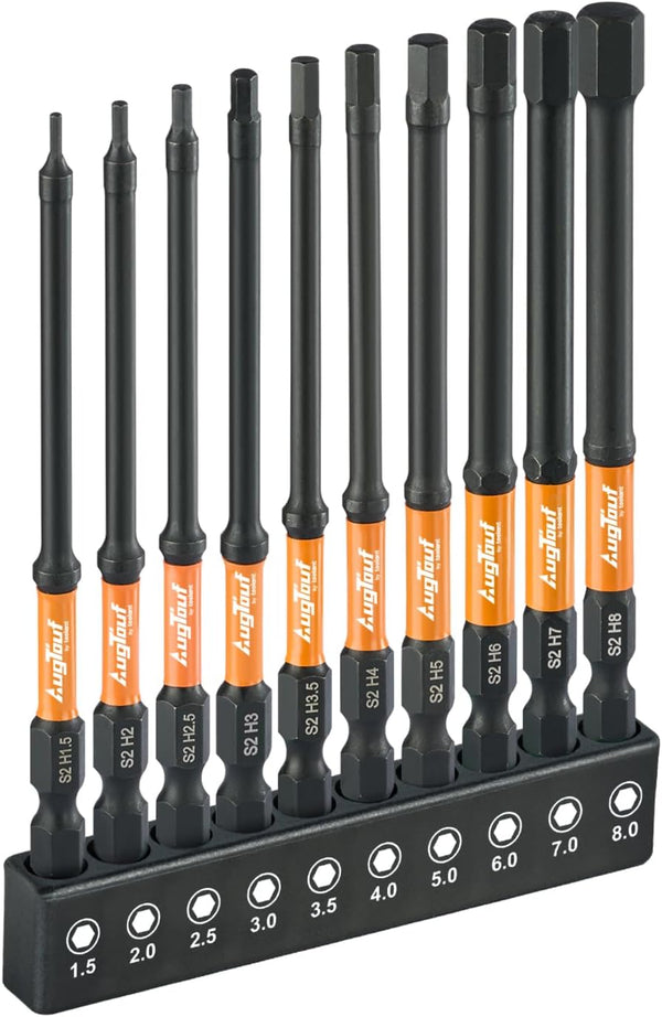 Toolant Impact Hex Head Allen Wrench Drill Bit Set 10Pcs (Metric), 1/4" Hex-Shank S2 Steel Hex Bits Set, CNC Machined Tips with Magnetism, 4" Long