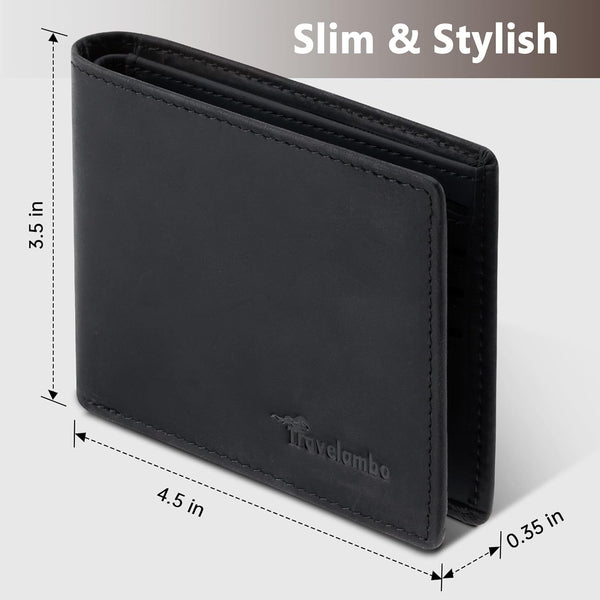 Travelambo Leather Wallet for Men, Slim Minimalist RFID Credit Card Holder Crazy Horse Black