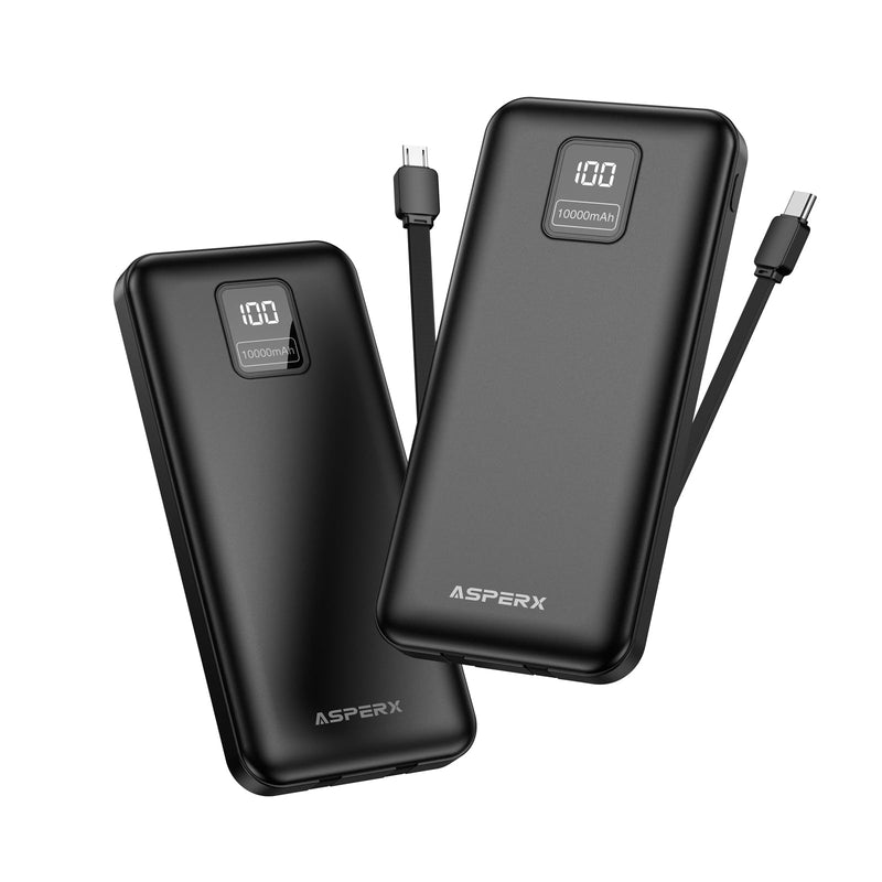 AsperX 2-Pack 10000mAh Portable Charger with Built-in Cables, USB-C Output Power Bank Fast Charging, LED Display Travel Essential Battery Pack for