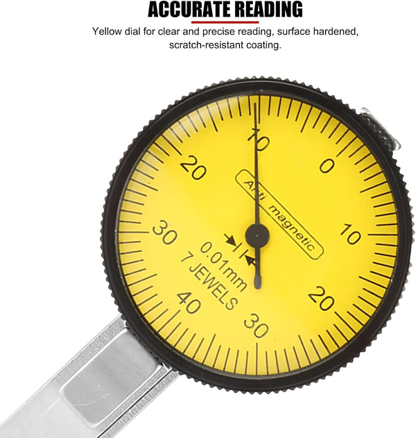 0 to 0.8mm Lever Type Test Indicator with Magnetic Base Set, 32mm Dial Diameter with Rotating Bezel and 200mm Flexible Adjustable Arm