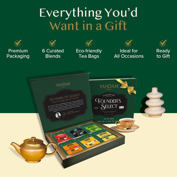 VAHDAM, Assorted Tea Gift Set (6 Varieties, 36 Tea Bags) - Variety Pack - Black, Green, Chai and Herbal Tea Sampler | Gifts Set for Lovers | Gifts