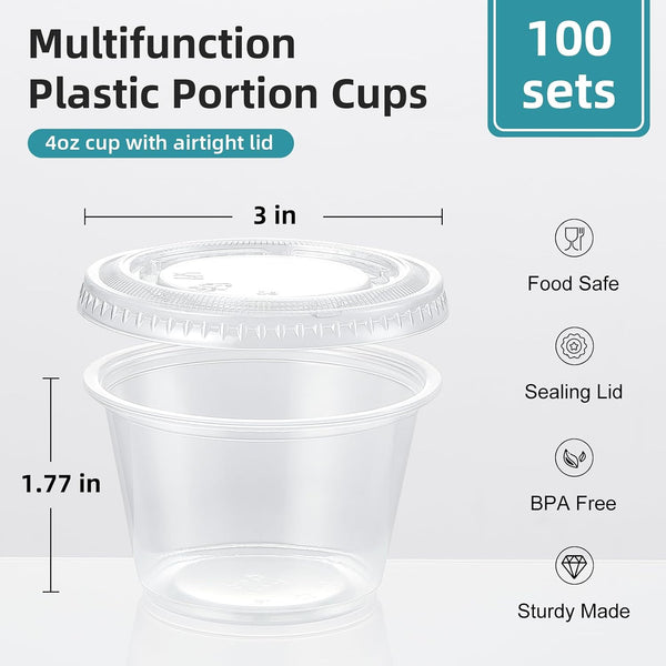 AOZITA 100 Sets - 4 oz Portion Cups With Lids, Jello Shot Cups, Small Plastic Containers, Airtight and Stackable Souffle Cups 4.0 fluid_ounces 100