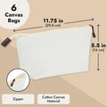 Juvale Canvas Makeup Bag - 6 Pack, 11.75 x 5.5 In, White Cotton - Travel Cosmetic & Toiletry Pouches with Zipper - Blank DIY Canvas Pouches for