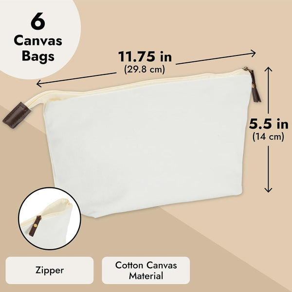 Juvale Canvas Makeup Bag - 6 Pack, 11.75 x 5.5 In, White Cotton - Travel Cosmetic & Toiletry Pouches with Zipper - Blank DIY Canvas Pouches for