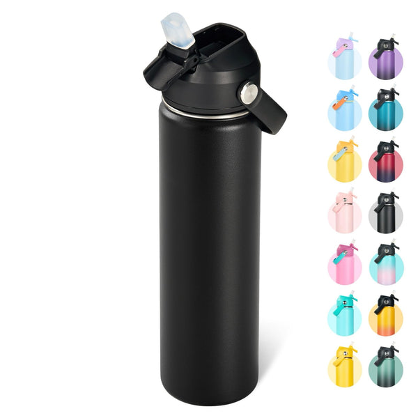 24Oz Insulated Stainless Steel Water Bottle, Wide Mouth Double Wall Vacuum, Silicone Straw, Sweat & Leak Proof, BPA Free Insulated Water Flask for