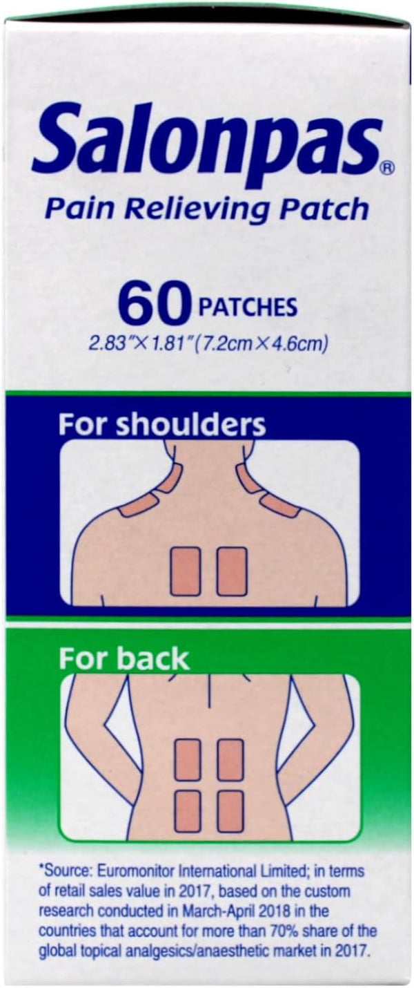 Salonpas Pain Relieving Patch, Extra Strength Topical Analgesic, 60 Ct (Pack of 2)