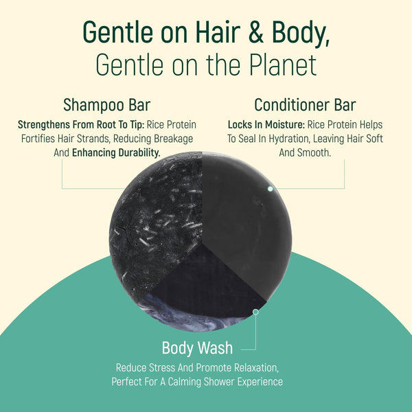 Solid Rice Protein Shampoo, Conditioner and Body Wash Bundle | Shampoo, Conditioner & Wash Bars for Hair and Body W/All Natural Plant Based
