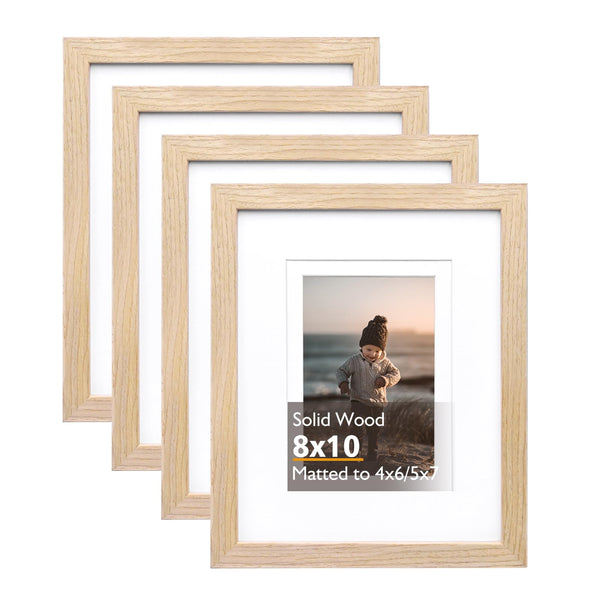 KINLINK 8x10 Picture Frame Natural, Solid Wood Frames with Acrylic Plexiglass for Pictures 4x6/5x7 with Mat or 8x10 without Mat, Tabletop and Wall