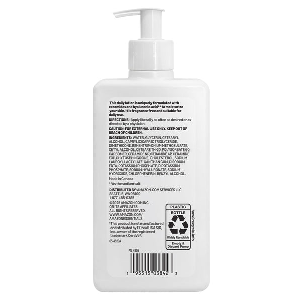 Amazon Essentials Daily Moisturizing Lotion for Face and Body, Fragrance Free, with Ceramides, 12 fl oz, 1-Pack 12 Fl Oz (Pack of 1)