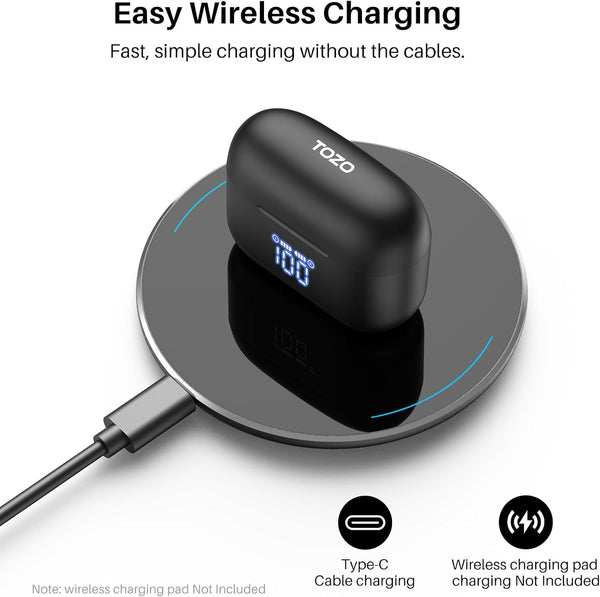 TOZO T20 Wireless Earbuds Bluetooth Headphones 48.5 Hrs Playtime with LED Digital Display, IPX8 Waterproof, Dual Mic Call Noise Cancelling 10Mm