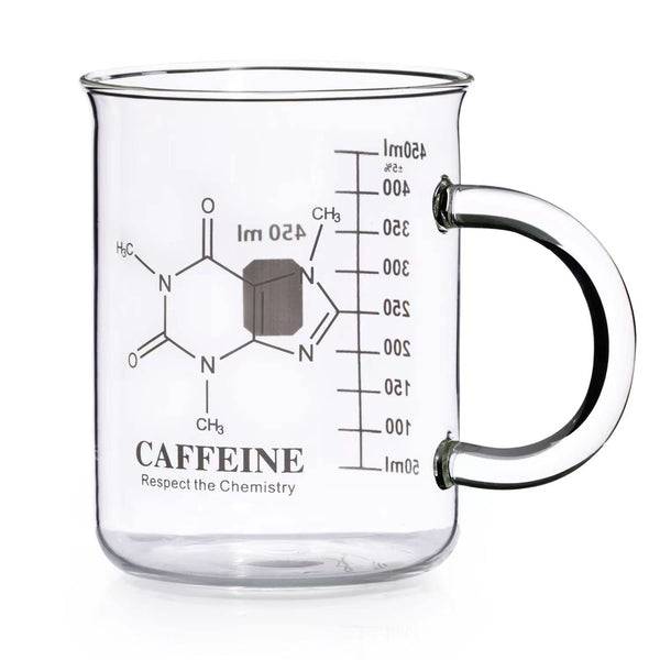 Caffeine Beaker Mug, Caffeine Molecule Mug - Chemistry Mug 16 oz Borosilicate Glass Coffee Mugs with Handle and Measuring for Coffee, Latte, Tea