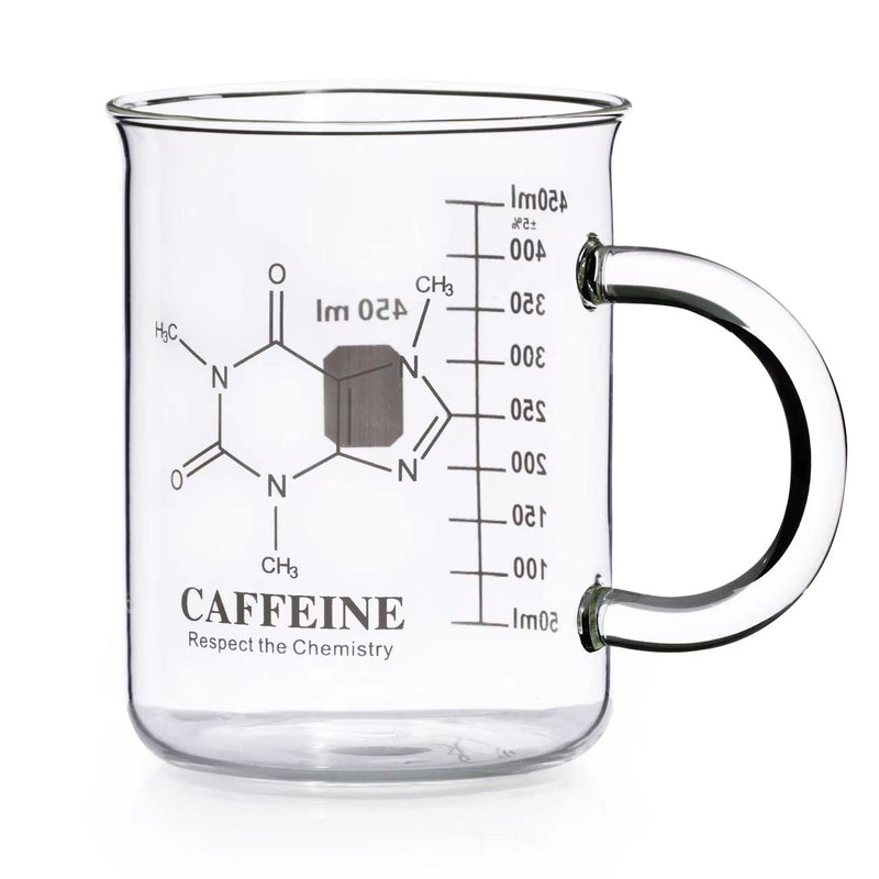 Caffeine Beaker Mug, Caffeine Molecule Mug - Chemistry Mug 16 oz Borosilicate Glass Coffee Mugs with Handle and Measuring for Coffee, Latte, Tea