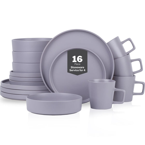 Stone Lain Cleo Stoneware 16-Piece Modern Dinnerware Set, Plates and Bowls, Light Gray, Service for 4, Microwave & Dishwasher Safe Dinnerware Set