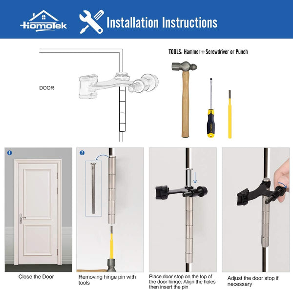 HOMOTEK 2 Pack Hinge Pin White Door Stopper,Adjustable Deluxe Heavy Duty Door Stopper 2-1/2"X1-3/4Ã¢ÂÂ,With White Rubber Bumper Tips