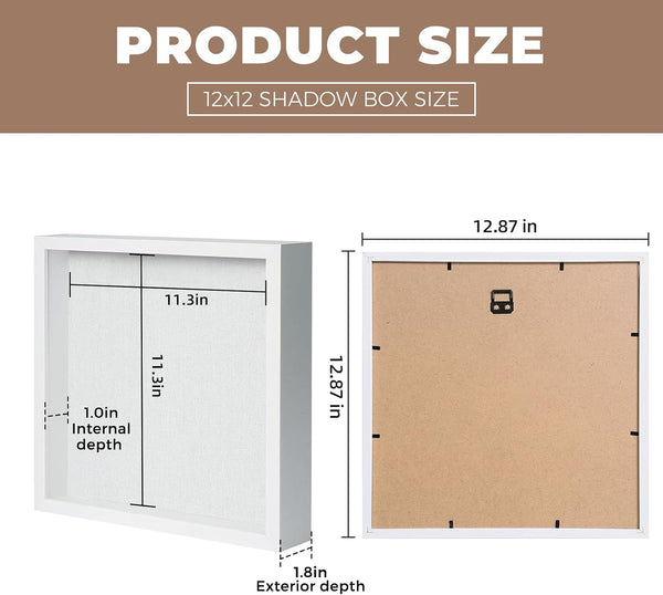 Muzilife 12x12 Shadow Box Picture Frame with Linen Board - Deep Wood & Tempered Glass Display Case Memory Box Baby Sports Memorabilia, Pins,
