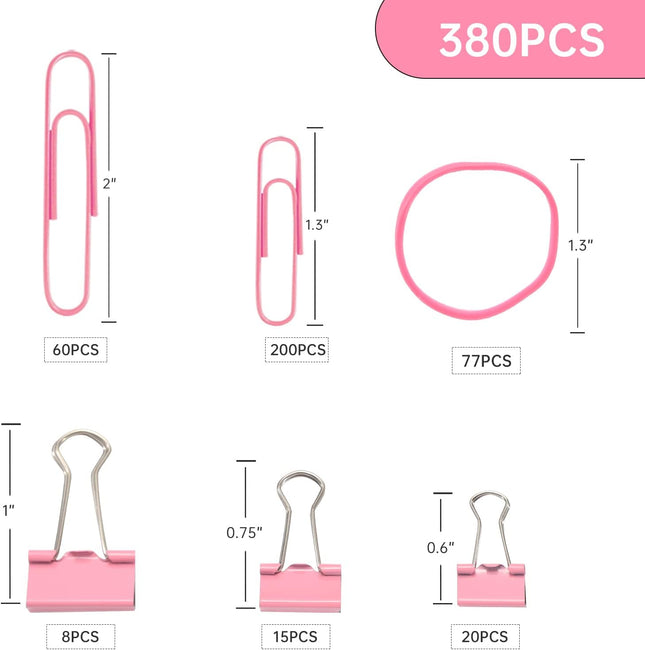 Pink Binder Clips Paper Clips,380 PCS Assorted Sizes Paperclips Paper Clamps Rub