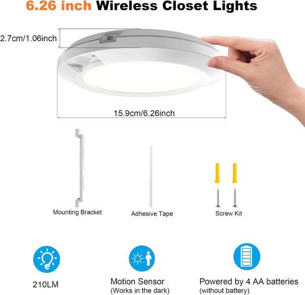 LED Motion Sensor Light Indoor, Battery Operated Ceiling Light | Wireless, Stick-on Under Cabinet Closet Light No Wiring, 210LM 6000K Daylight,