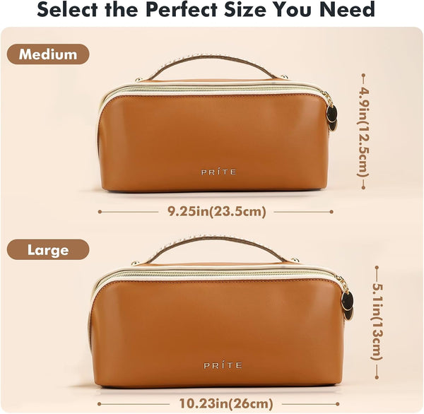 Prite Makeup Bag Travel Toiletry Bag Open Flat Cosmetic Organizer for Women New Brown Medium