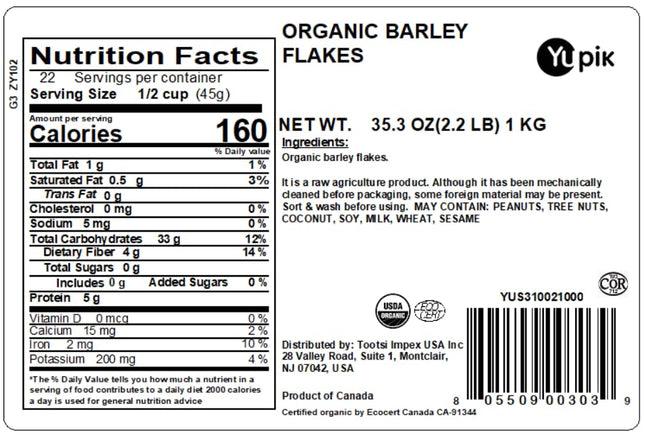 Yupik Organic Barley Flakes, 2.2 Lb (35.2 Oz), Non-Gmo, Vegan, Kosher, Steamed, 