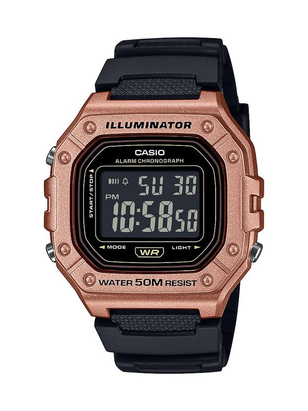 Casio W-218HM-5BV Series | Men’s Digital Watch | Black/Gold | 50M WR | Resin Case | LED Backlight | Auto Calendar | 1/100 SEC Stopwatch | Daily