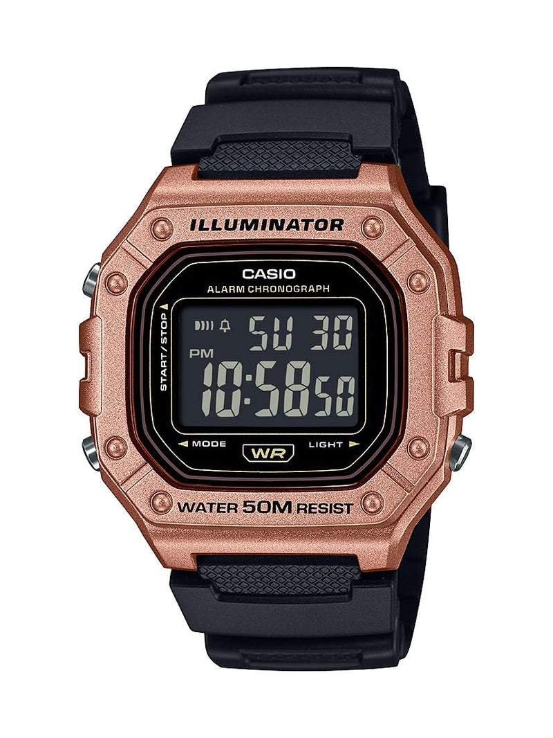 Casio W-218HM-5BV Series | Men’s Digital Watch | Black/Gold | 50M WR | Resin Case | LED Backlight | Auto Calendar | 1/100 SEC Stopwatch | Daily