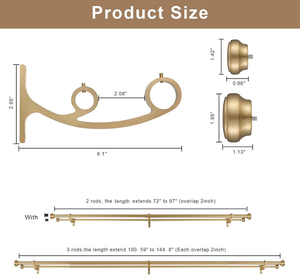 Modern Double Curtain Rods, Warm Gold Curtain Rod 72-144 Inch Length Drapery Rods with Simple Decorative End Caps 1 Inch Front and 5/8 Inch